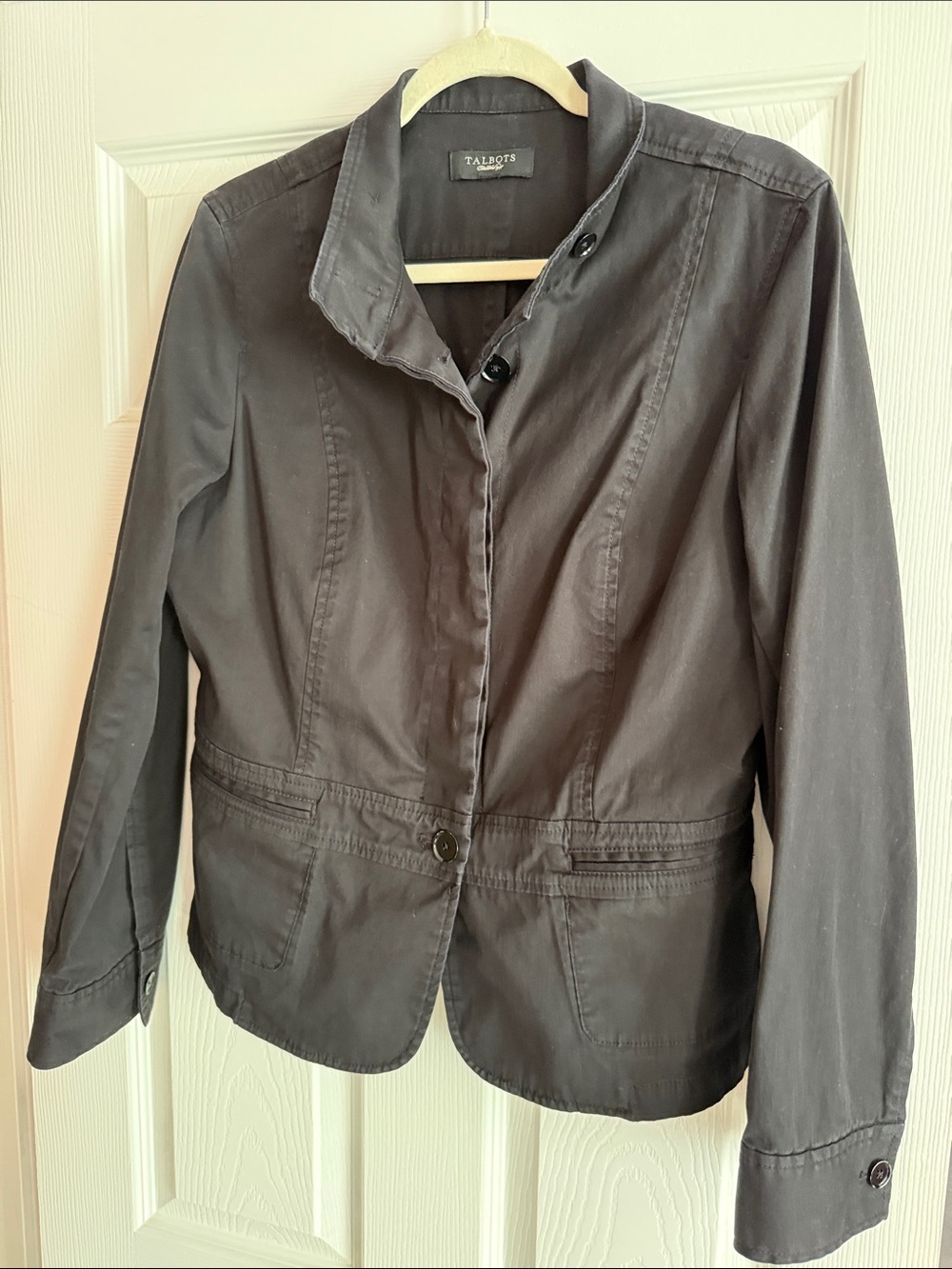 Talbots Black Button-Front Stand Collar Blazer med classy sku77